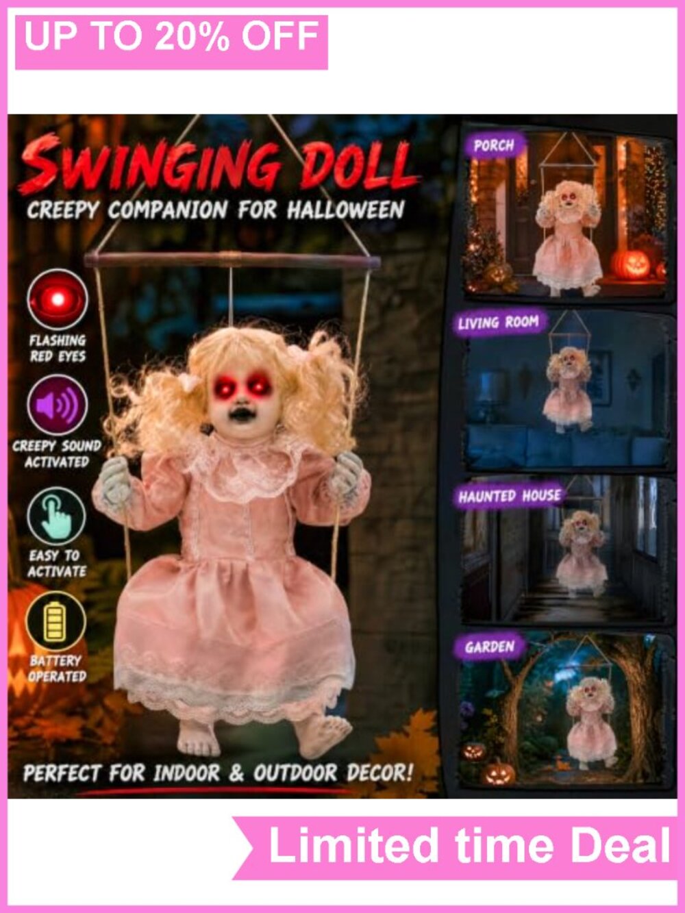 Halloween Animatronic Hanging Swinging Girl Lighted Eyes Creepy Sounds Prop - Picture 4 of 6
